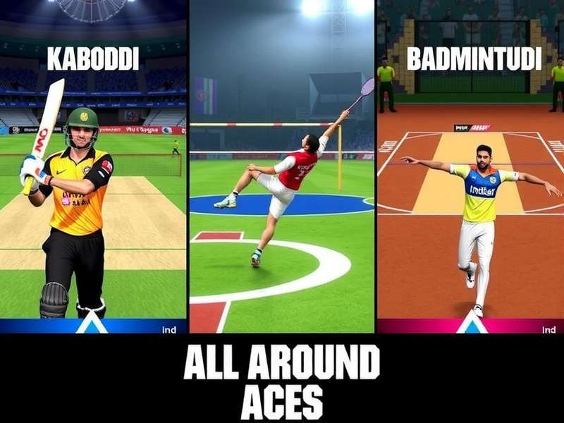 All Around Aces India gameplay showing cricket, kabaddi, and badminton matches with Indian players